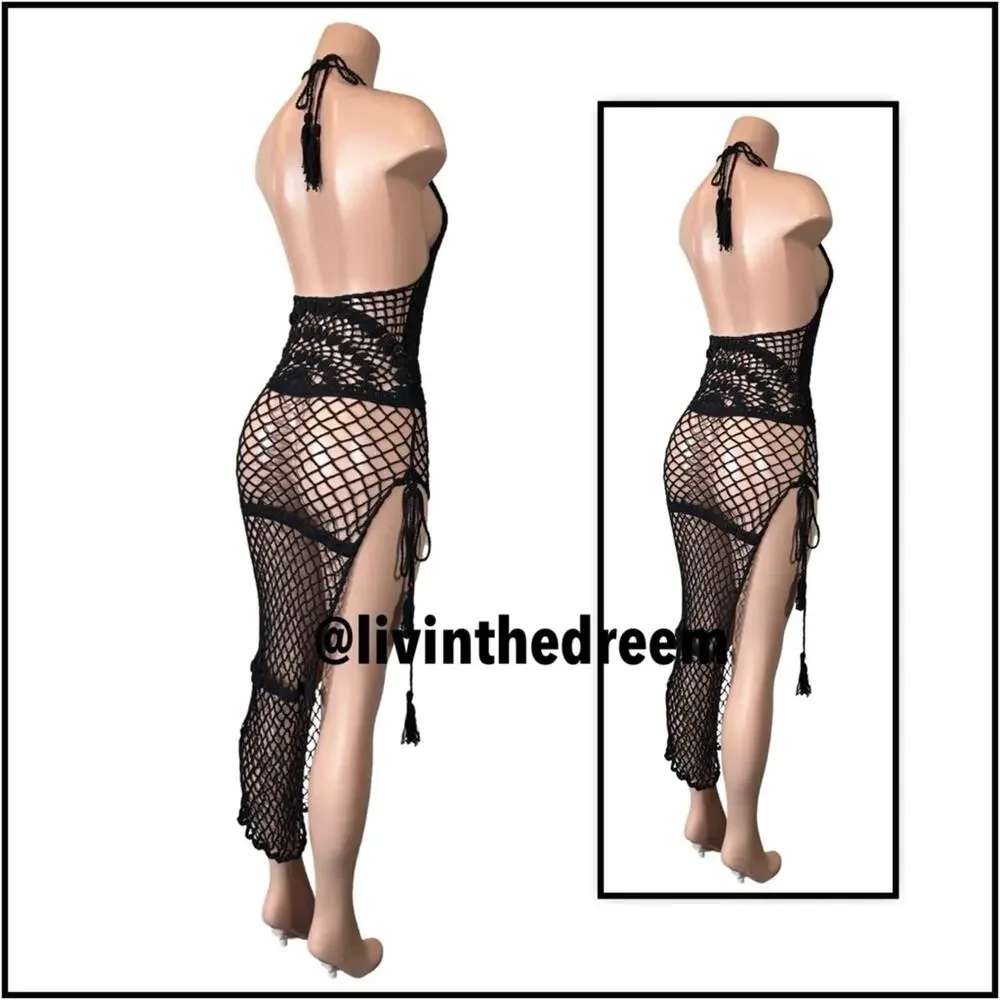 Frankies Bikinis Black Crochet Sunrise Cover Up Dress SZ L $250